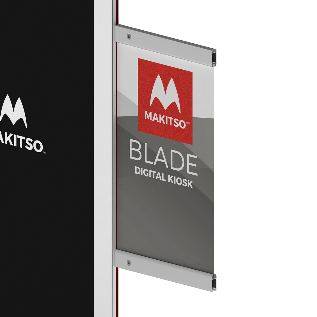 Makitso Blade Digital Signage Kiosk with banner print angled
