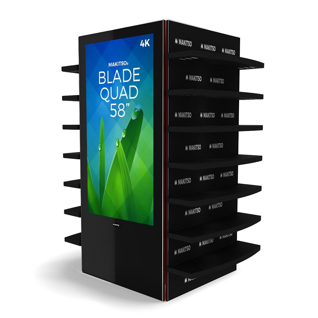 Makitso Blade Quad 58" Pro Digital Signage Kiosk black with shelving