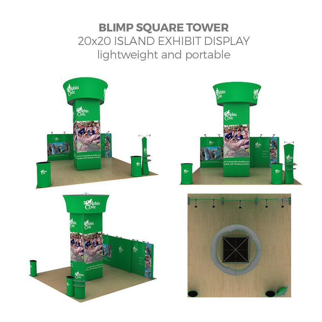 WaveLine® Blimp Squared Tower 20x20 Island Exhibit with 20ft back wall