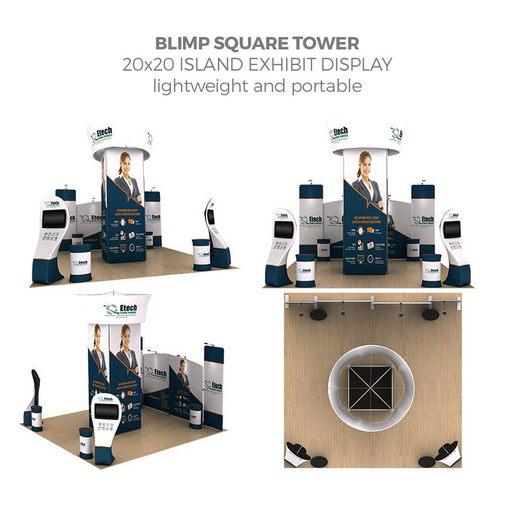 WaveLine® Blimp Squared Tower 20ft Island Exhibit with interactive kiosk